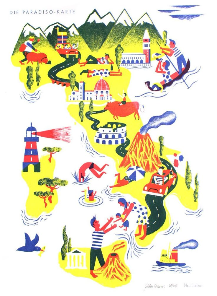 an illustrated map with many different types of people and animals on it's sides