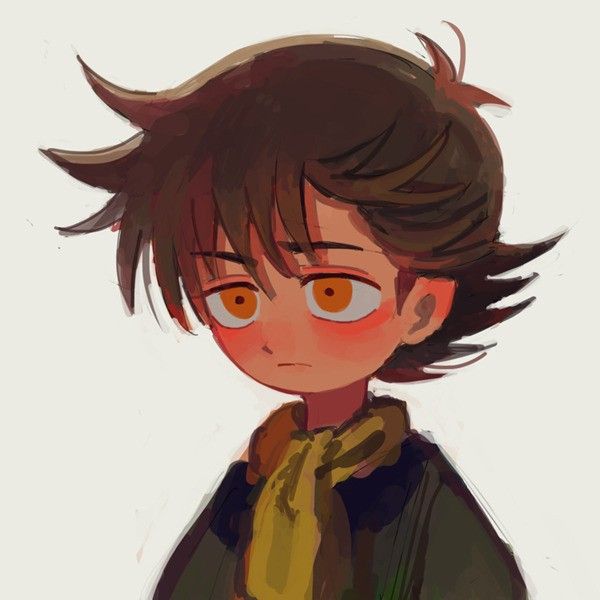 a drawing of a boy with brown hair and orange eyes, wearing a green jacket