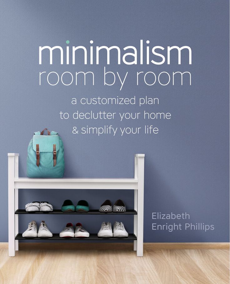 the minimalism room by room book cover is shown with shoes and bags on a shelf