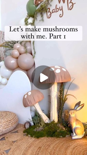 an easter decoration with mushrooms and bunnies