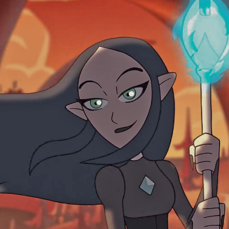 a cartoon character holding a blue light up stick in her hand and looking at the camera