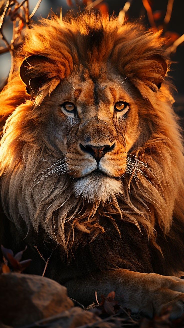 a close up of a lion laying on the ground with its head turned to the side