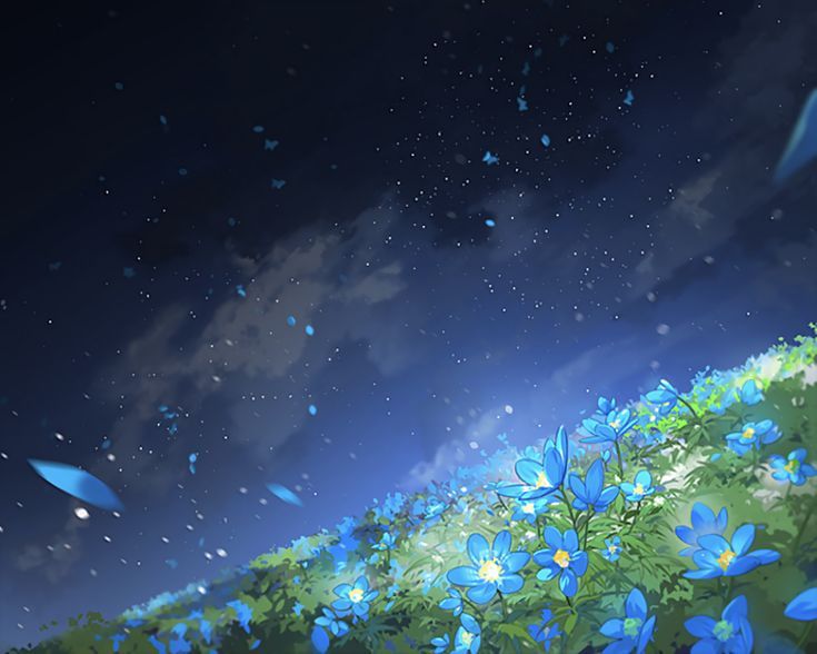 blue flowers are growing on the side of a grassy hill at night with stars in the sky