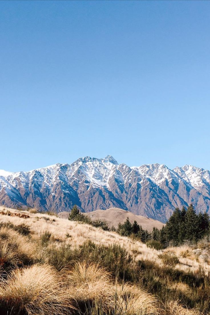 the mountains are covered in snow and brown grass