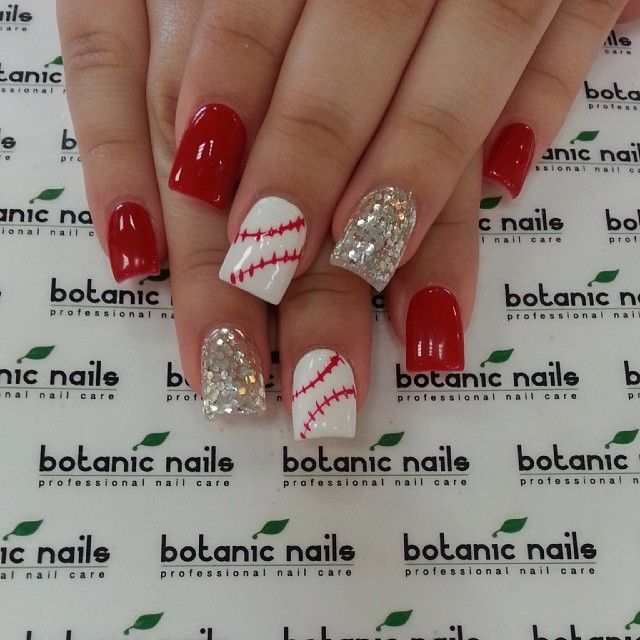 Baseball nails Baseball Nails, Botanic Nails, Sports Nails, Red Nail Art Designs, Red Nail Art, Her Nails, Get Nails, Nails And Makeup, Nails Toes