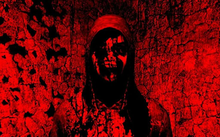 a man standing in front of a red and black wall with blood all over it