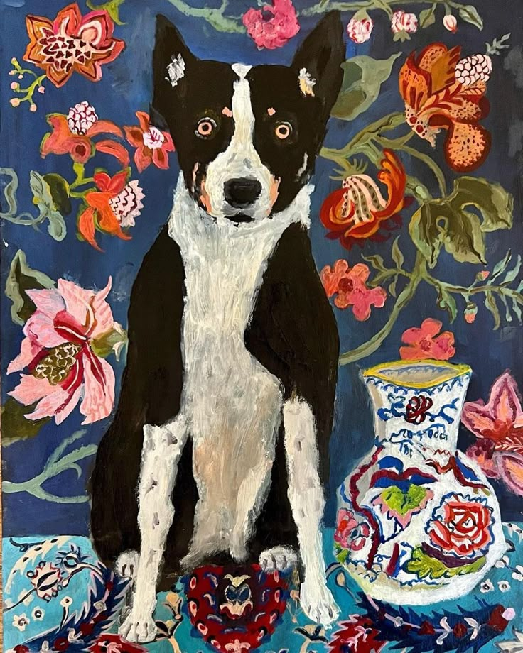 a painting of a black and white dog sitting next to a vase with flowers on it