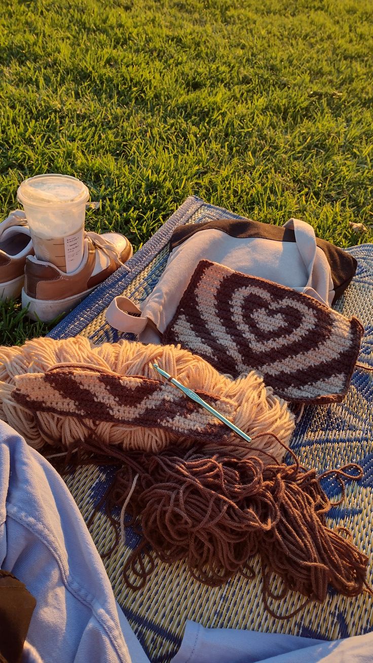 a blanket and other items are laying on the grass