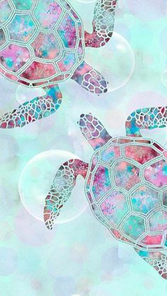 two green sea turtles swimming in the ocean with bubbles and watercolors on them