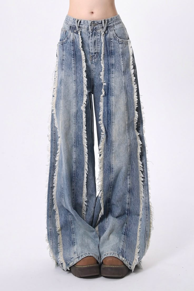 ❤︎High Street Distressed Raw Edge Jeans❤︎ Blue Baggy Bottoms With Frayed Hem, Baggy Blue Bottoms With Frayed Hem, Non-stretch Blue Pants With Frayed Hem, Non-stretch Distressed Blue Pants, Blue Bohemian Bottoms With Frayed Hem, Bohemian Blue Bottoms With Frayed Hem, Blue Distressed Pants For Summer, Distressed Blue Pants For Summer, Summer Distressed Blue Pants