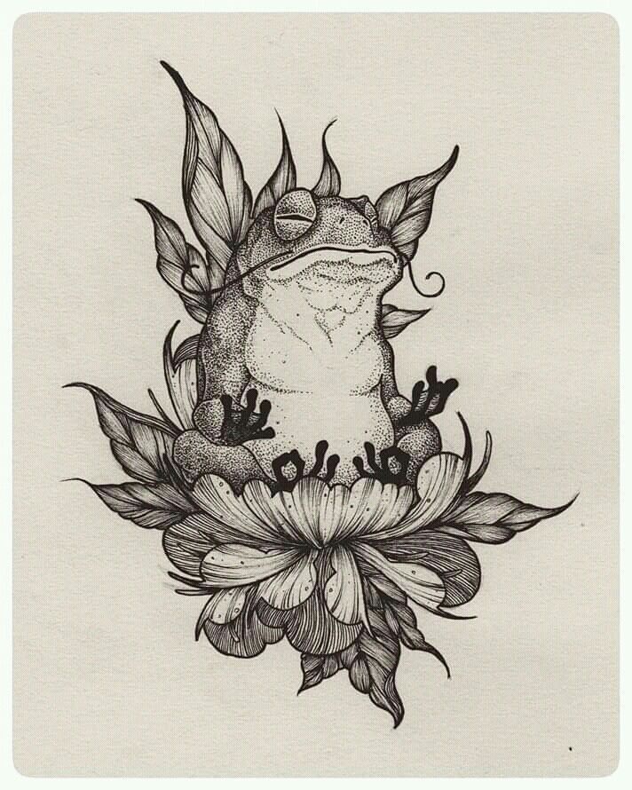 a drawing of a frog sitting on top of a flower