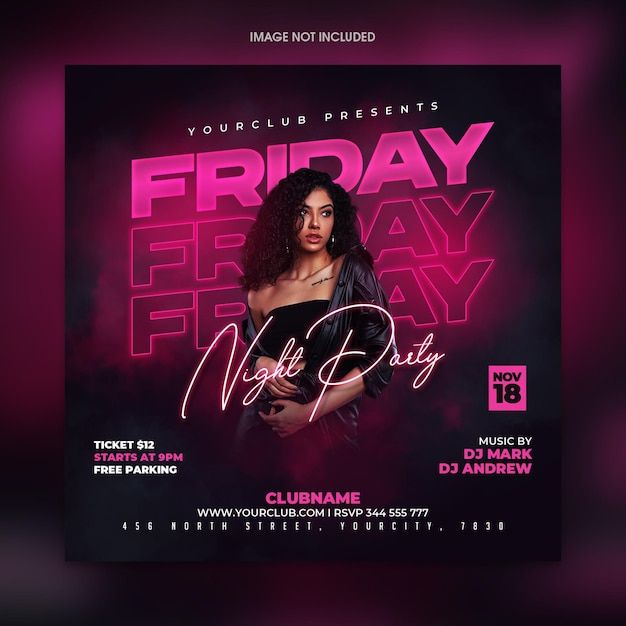 a flyer for a night club with an image of a woman in black and pink