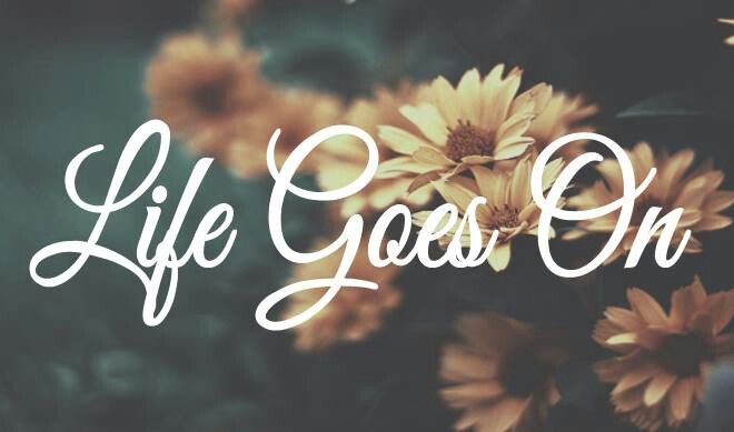 the words life goes on are written in white letters with yellow and brown flowers behind it