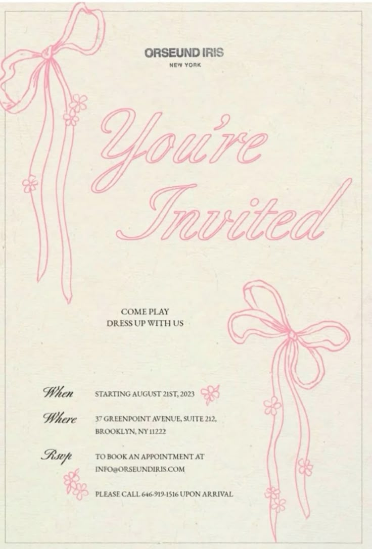 the wedding program is in pink and white with bows on it's front cover