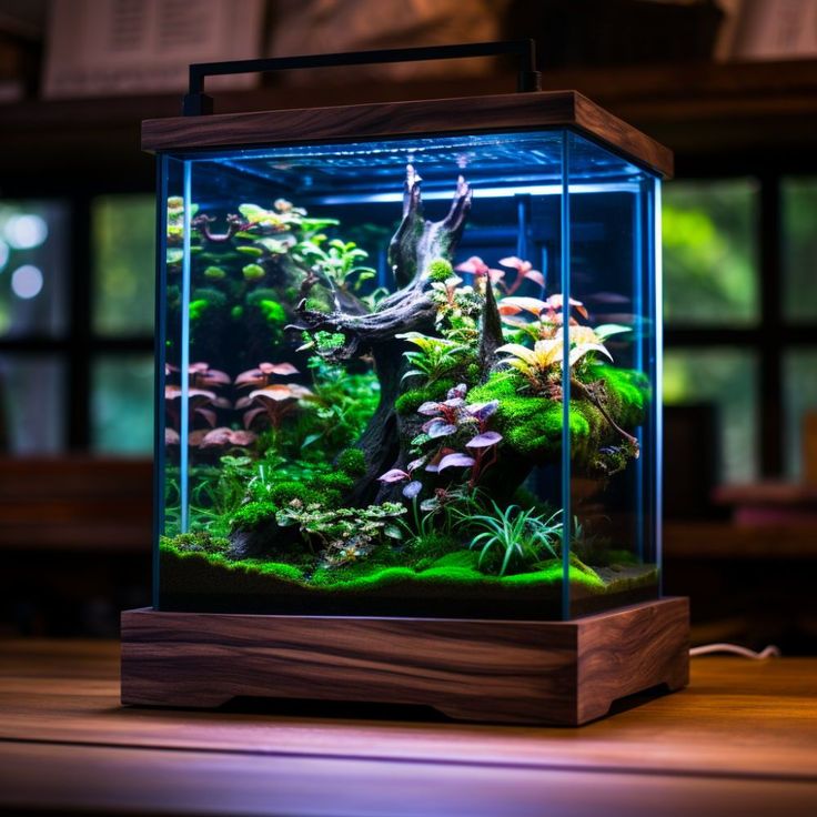 an aquarium filled with plants and rocks on top of a table