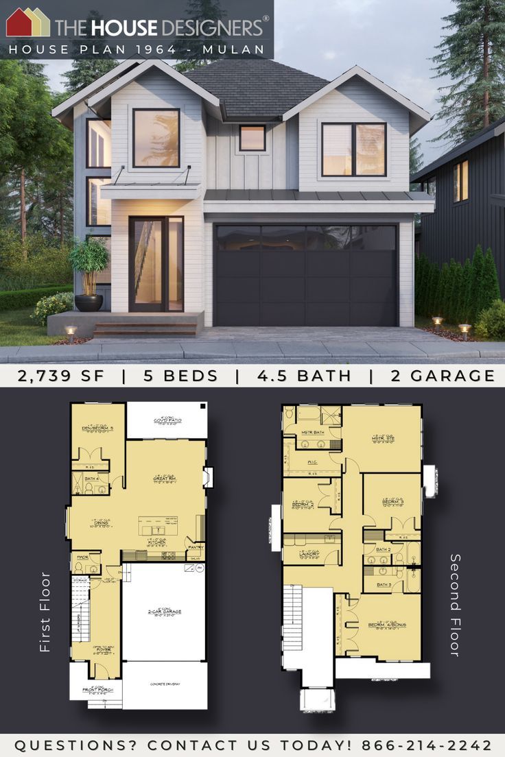 two story house plan with garage and living room in the middle, three car garage