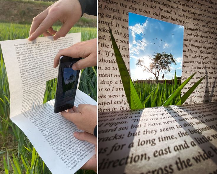 two photos side by side, one with an open book and the other with a cell phone in it