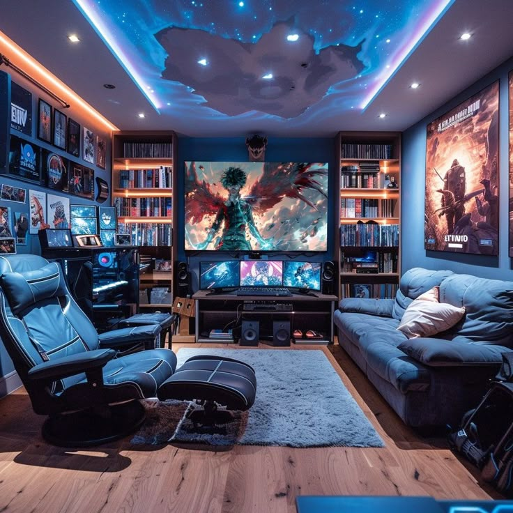 a living room filled with furniture and a flat screen tv mounted to the wall next to a book shelf