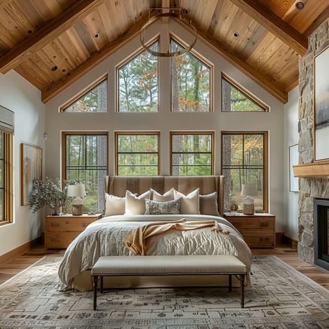 a large bed sitting in a bedroom next to a fireplace