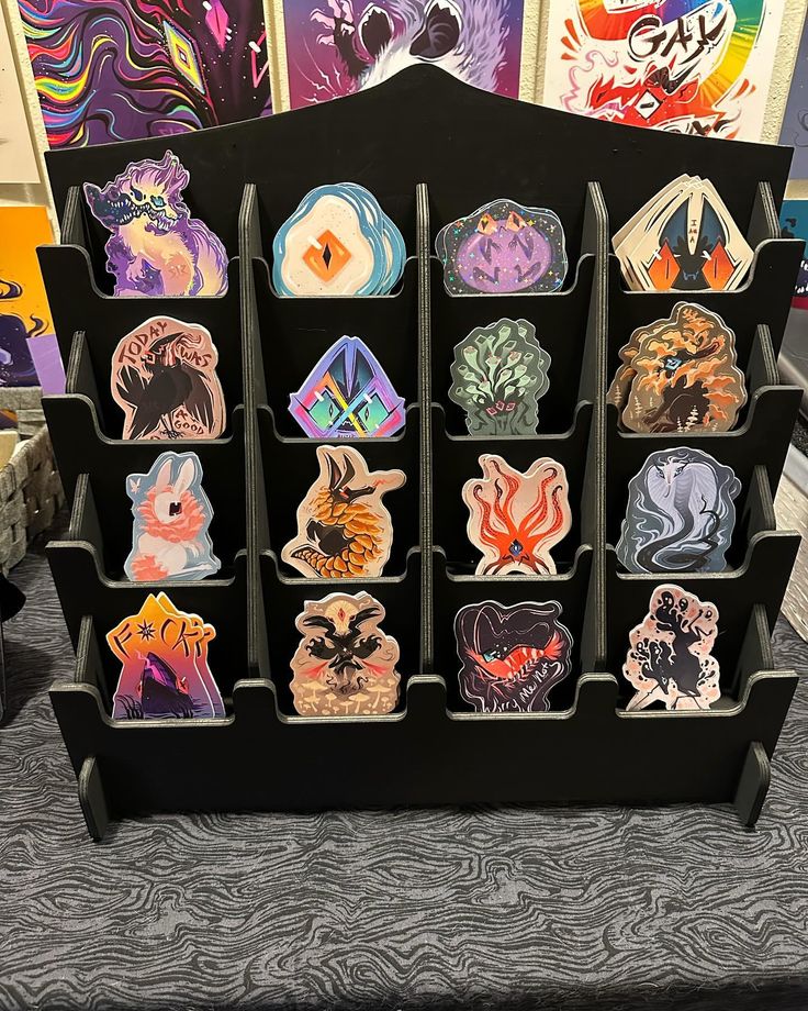 an assortment of stickers on display in a room