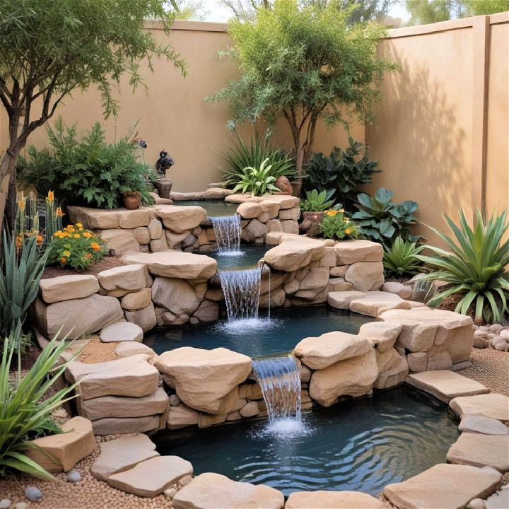 a small pond surrounded by rocks and water features a waterfall that flows into the pool