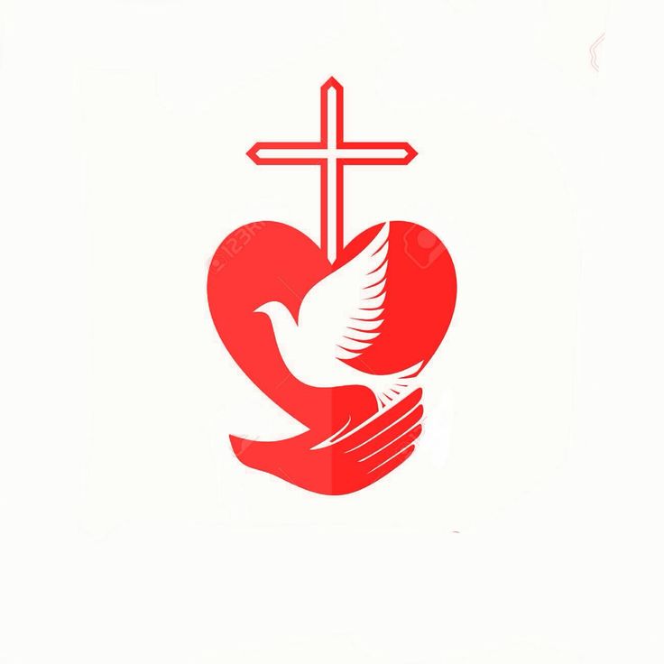 a red heart with a cross and dove on it