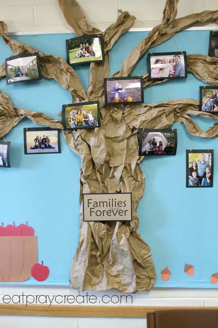 a bulletin board with pictures on it and the words families are forever built in cardboard