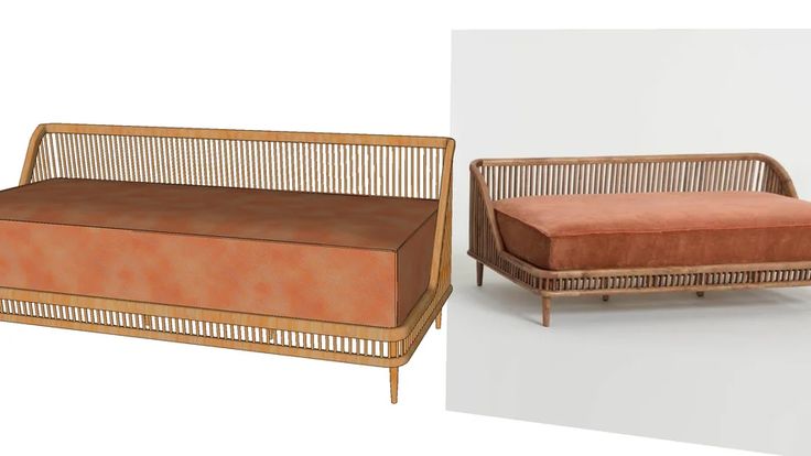 two different types of couches and one is made out of rattan with an orange upholstered cushion