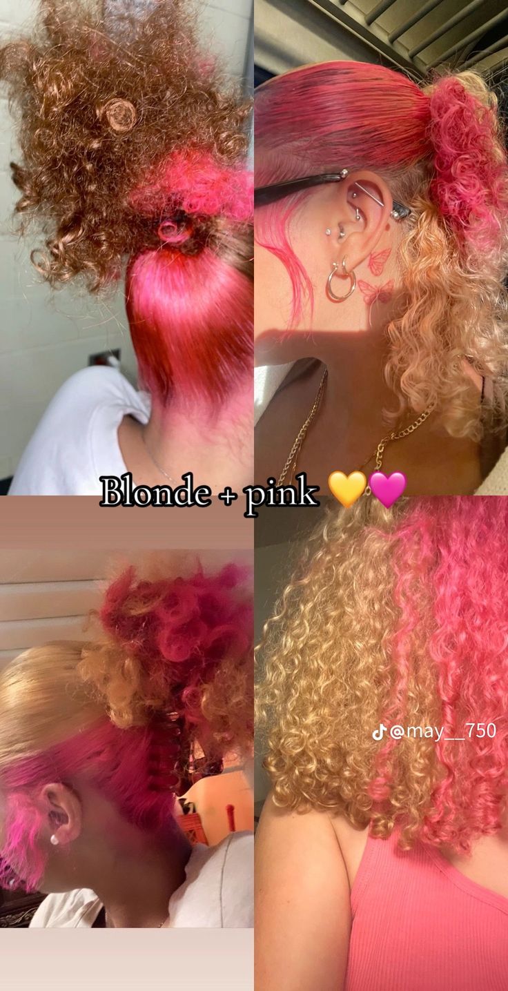 Color Hair Ideas Natural, Cute Pink And Blonde Hair, Color Dye Hair Ideas, Red Roots Pink Ends Hair, Honey And Pink Hair, Ideas To Color Your Hair, Best Colors To Dye Your Hair, Pink And Blonde Locs Black Women, Dye Hair On Black Women