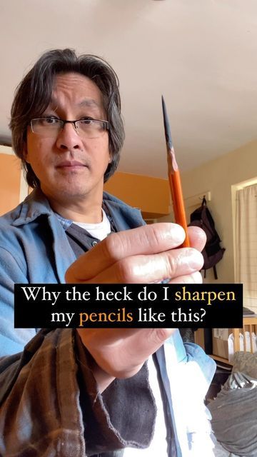 a man holding a pencil and pointing it at the camera with an ad in front of him that reads, why the neck do i sharpen my pencils like this?