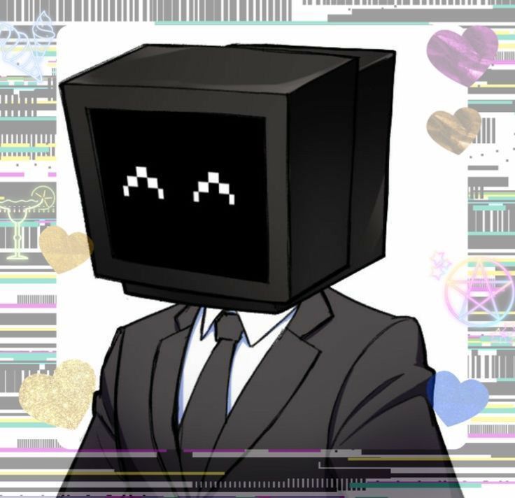 a man in a suit and tie with a black cube on his head, surrounded by hearts