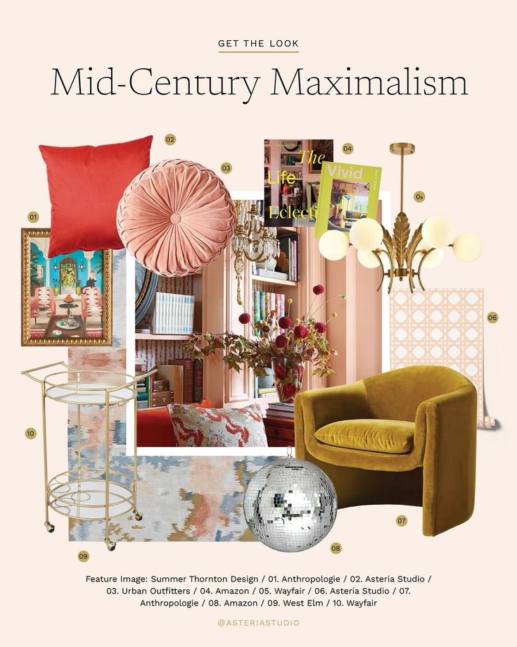 the cover of an article about mid - century maximumism, with furniture and decor