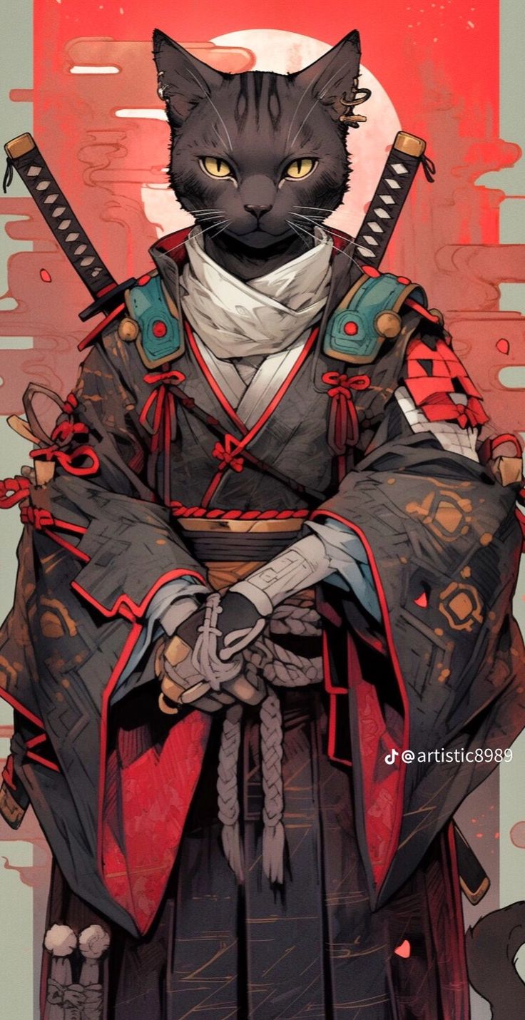 a black cat wearing a kimono and holding two swords in front of a red background