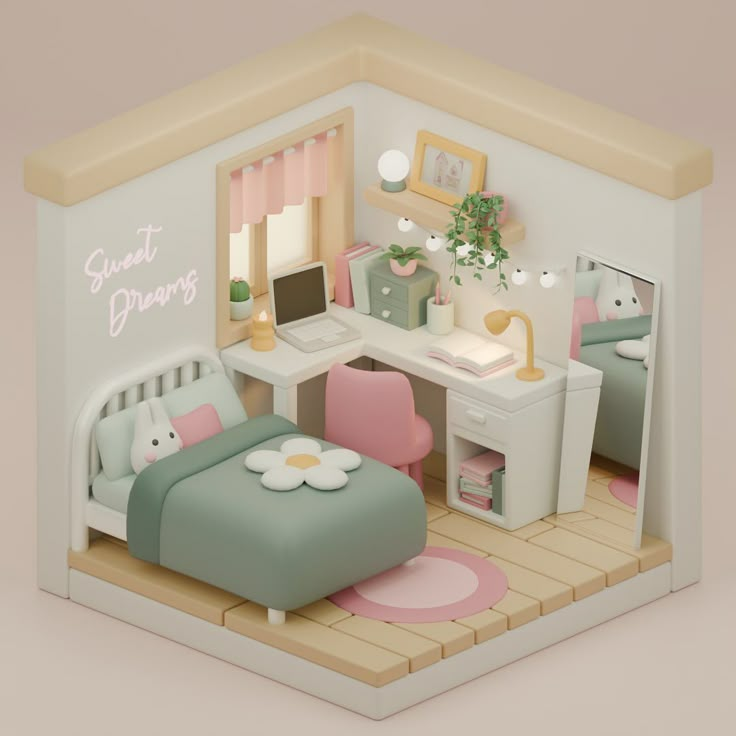 a dollhouse bedroom with a bed, desk and chair