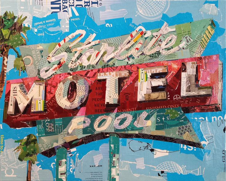 an altered collage of the word hotel on top of a sign