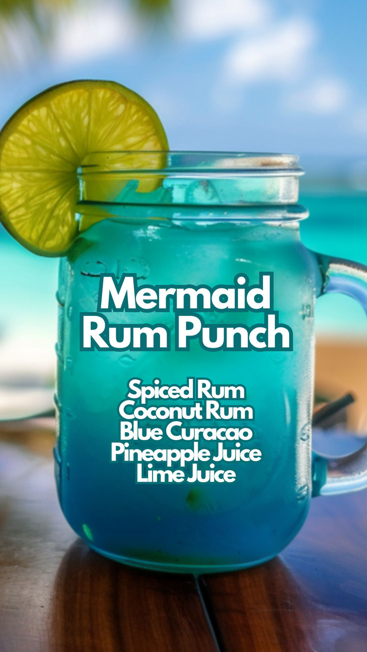 Mermaid Rum Punch Mermaid Rum Punch Recipe, Mermaid Rum Punch, Bar Drink Specials Ideas, Mermaid Cocktail Drinks, Drinks Alcohol Recipes Rum, Summer Punch Alcohol, Coconut Rum Drinks Recipes, Blue Drinks Alcohol, Fun Summer Cocktails