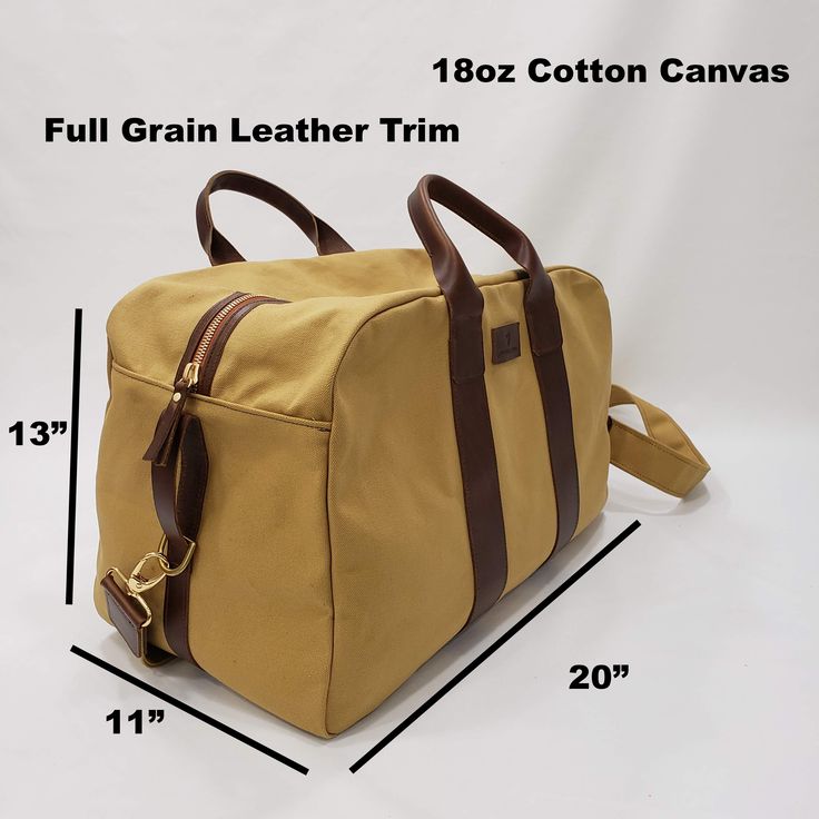 Beautiful, Rugged Harvest Tan 18oz Cotton Canvas Travel Bag with commercial water repellent finish and Full Grain Leather Handles and Trim. It's comfortable in the hand or over the shoulder. Will carry your things in style. Durability that will last.Size:20" wide x 13" height x 11" depth2" Wide adjustable shoulder strapMaterials:18oz Durable Cotton Canvas with commercial water repellent finish and Full Grain Leather TrimMade in the U.S.A.PROCESSING TIME:Your item will ship within 1-5 business da Coated Canvas Pouch Bag, Large Brown Shoulder Bag With Dust Bag, Coated Canvas Travel Duffle Bag, Large Beige Satchel With Top Carry Handle, Large Satchel With Dust Bag For Daily Use, Large Modern Beige Bag, Everyday Canvas Travel Bag With Top Handle, Large Capacity Coated Canvas Tote Bag, Everyday Canvas Travel Bag With Top Carry Handle