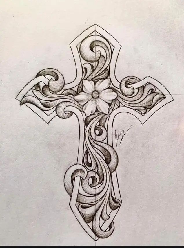 a drawing of a cross with swirls and flowers on the bottom half of it