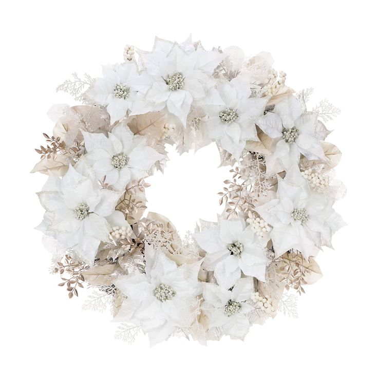 a wreath with white flowers and greenery on the front, isolated against a white background