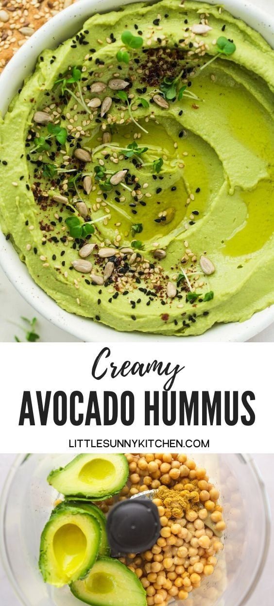 avocado hummus in a white bowl with the text creamy avocado hummus