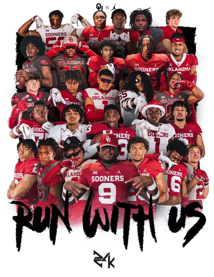 the poster for run with us featuring football players in red and white uniforms, including one man