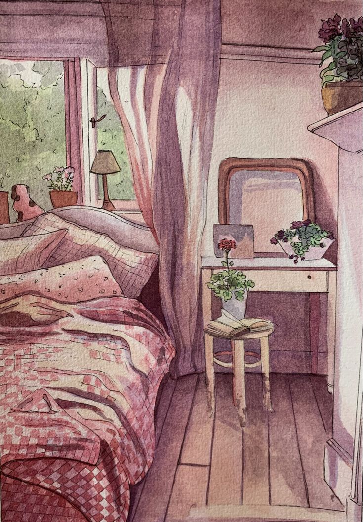 a watercolor painting of a bedroom with a bed and desk