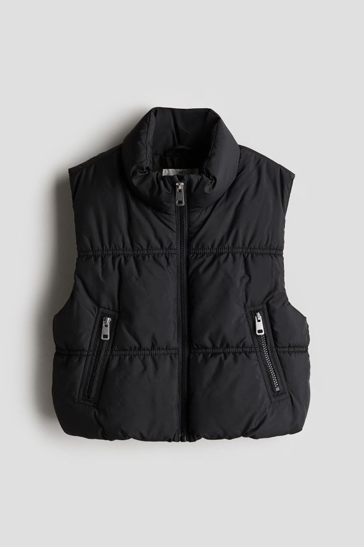 Puffer Vest - Sleeveless - Regular length - Black - Kids | H&M CA Cute Puffer Vest Outfits, Cropped Puffer Vest Outfit, Puffer Vest Outfits For Women, Black Vest Women, Black Puffer Vest Outfit, Cute Puffer Vest, Black Puffer Jacket Outfit, Womens Black Puffer Vest, Puffer Jacket Vest