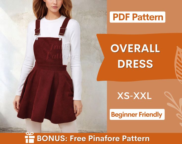 a woman wearing an overall dress with the text, free pinafore pattern over it