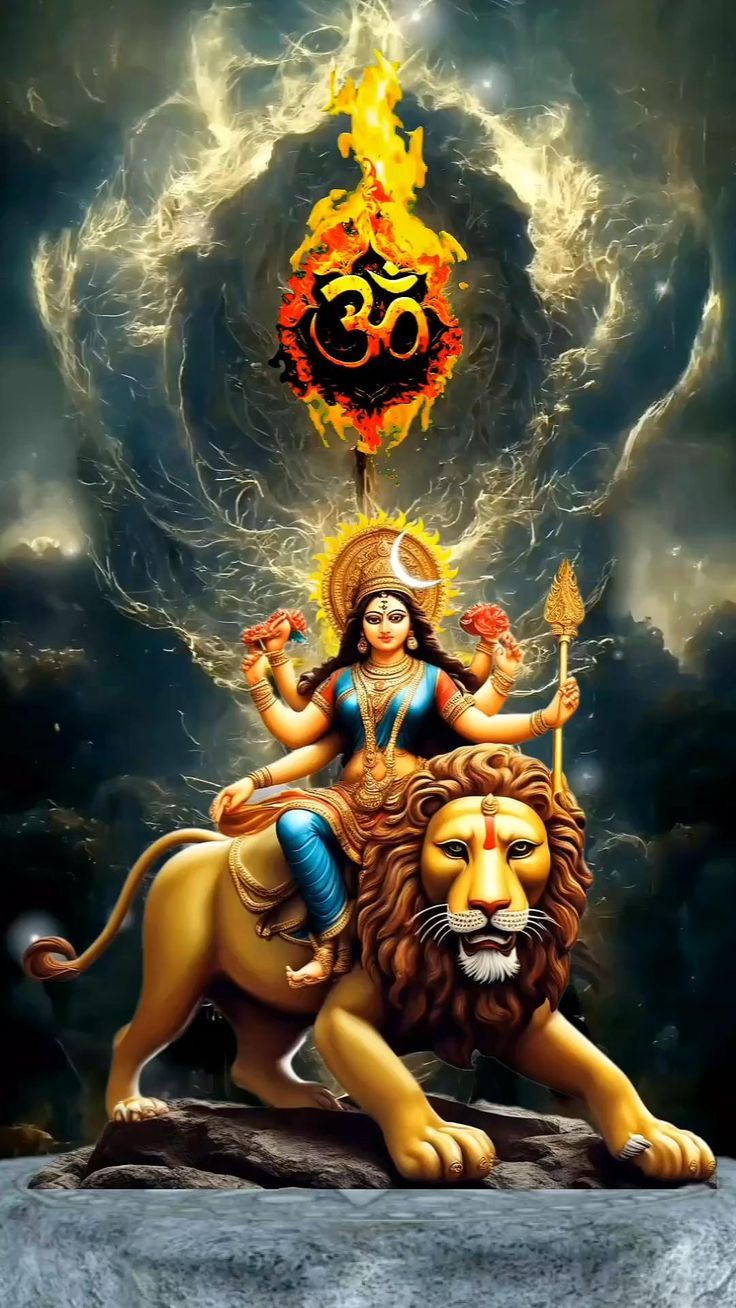 the hindu goddess sitting on top of a lion with fire coming out of its mouth