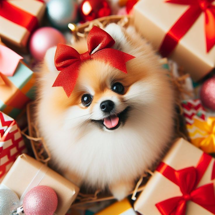 a small dog with a red bow on its head surrounded by presents and christmas ornaments