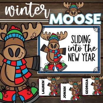 reindeers with hats and scarfs are shown in front of a sign that says winter moose