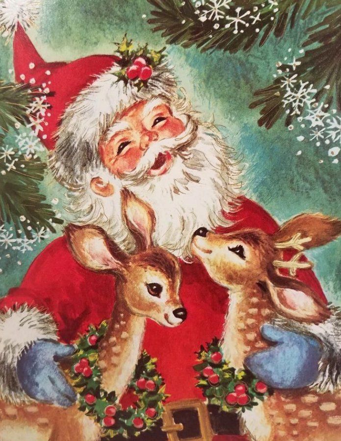 a painting of santa holding two baby deer