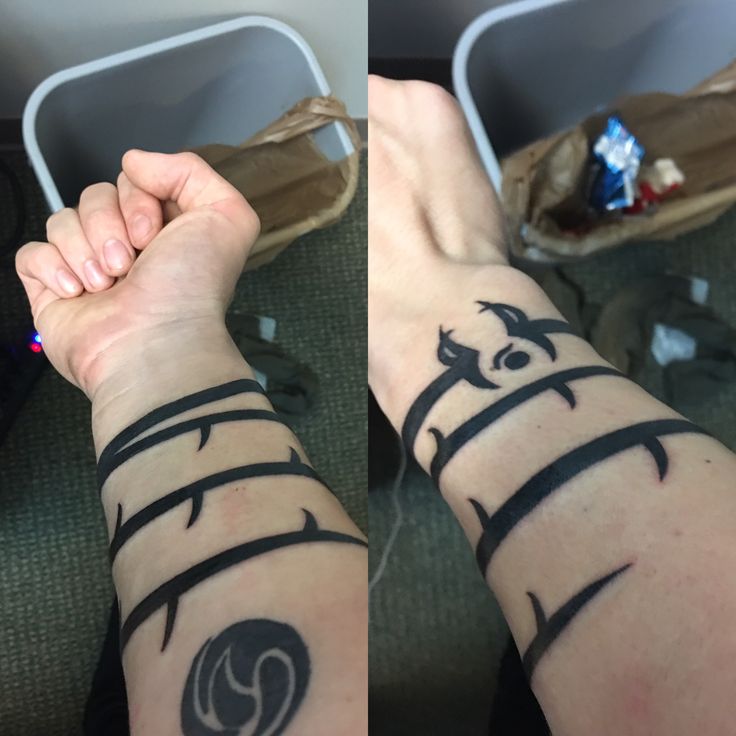 two pictures of someones arm with tattoos on them and one has a cat in the middle