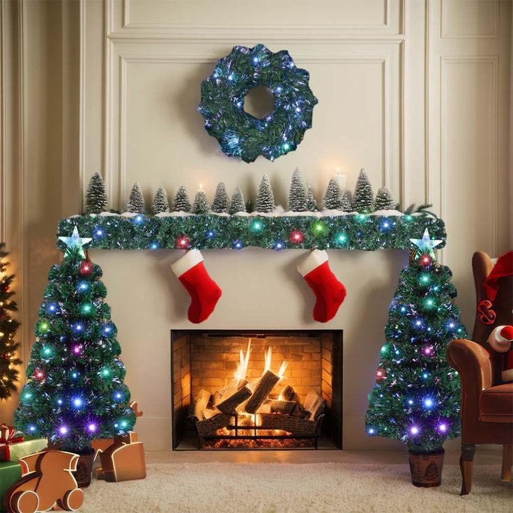 a fireplace decorated for christmas with stockings and stockings